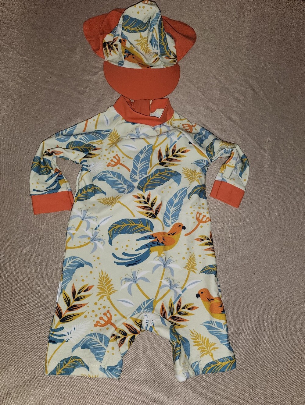 NWOT.Kids Tropical Bird One-Piece Swimsuit with Matching Sun Hat - Orange Accent